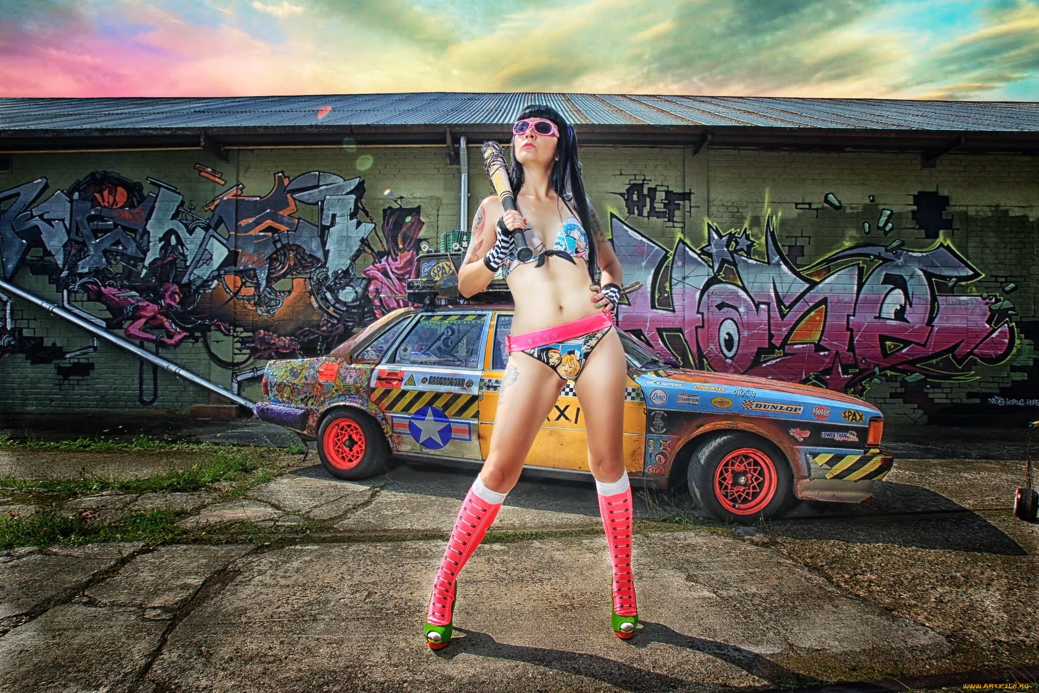 автомобили, -авто, с, девушками, бита, граффити