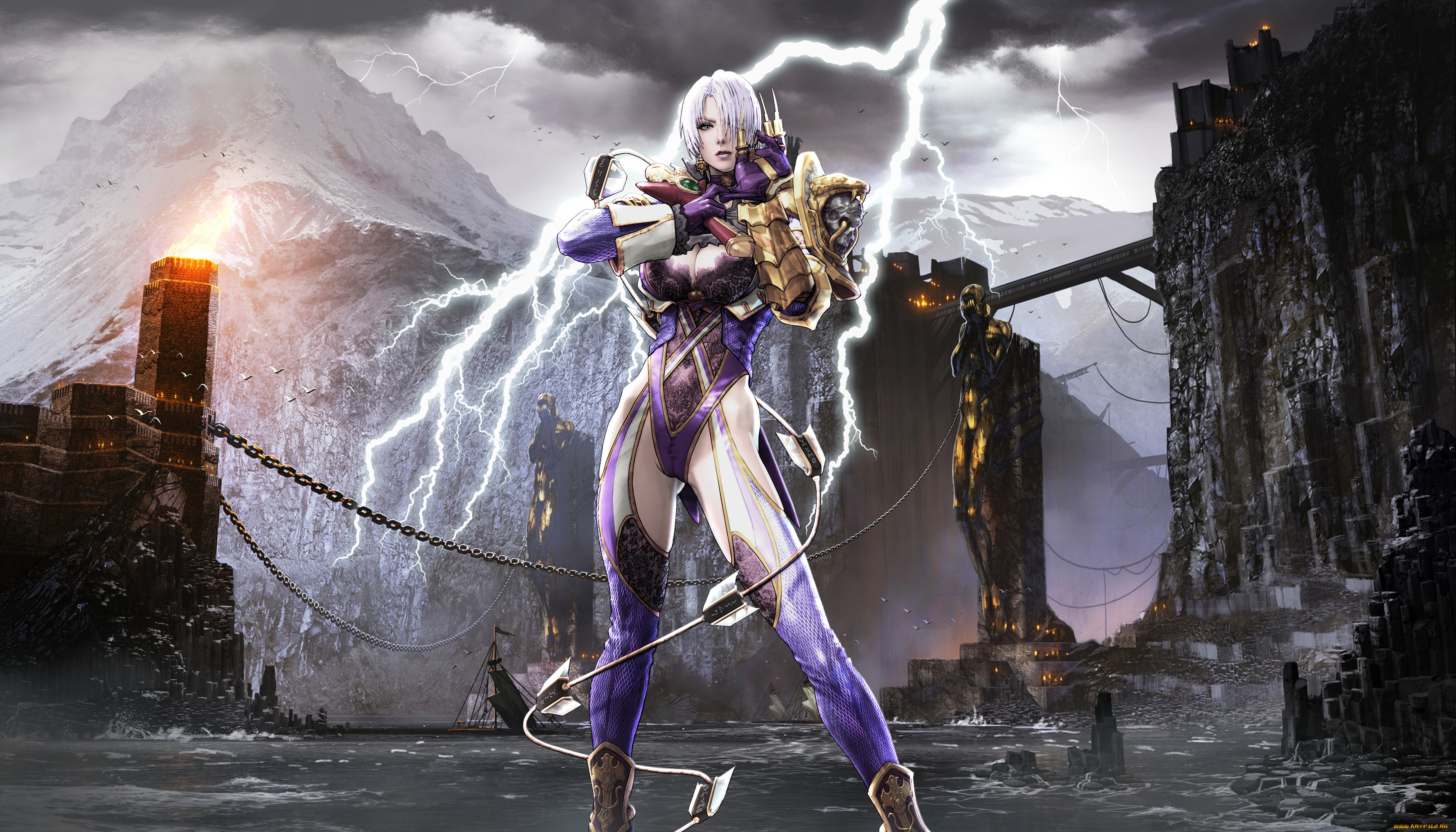фэнтези, девушки, униформа, гора, молния, фон, взгляд, девушка