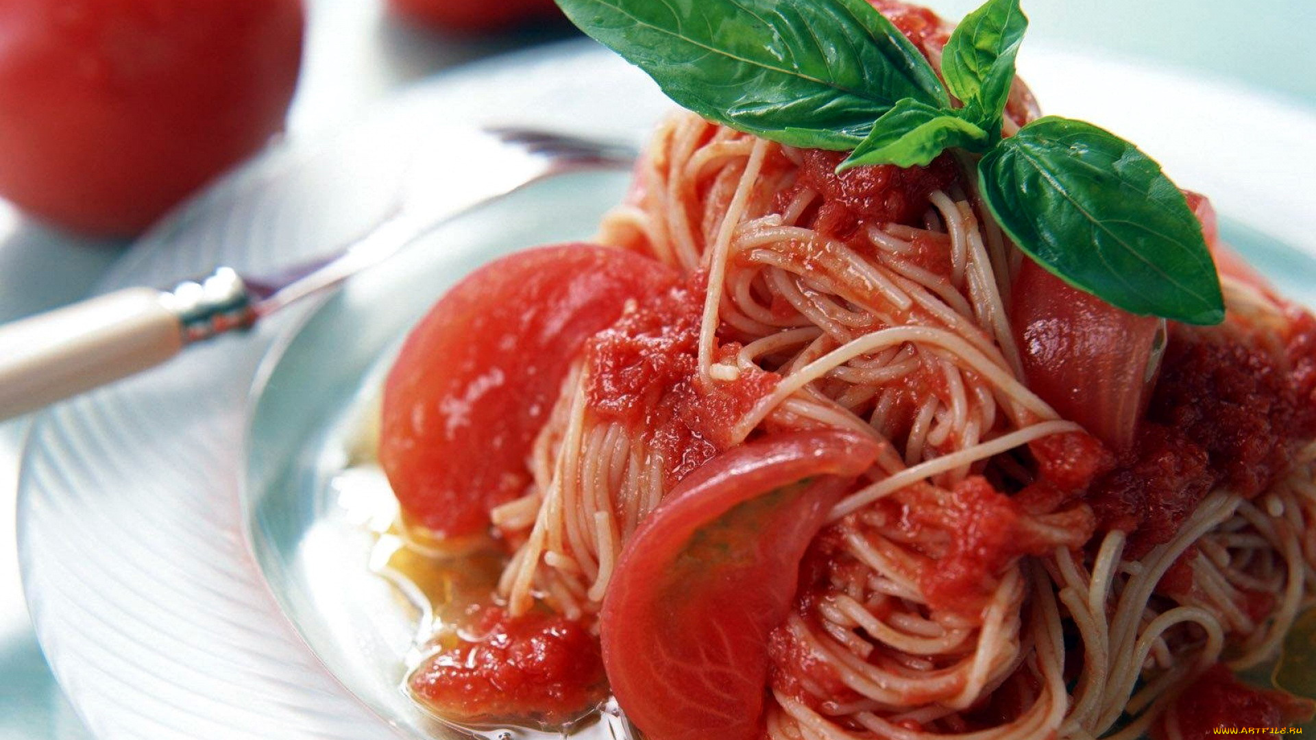 еда, макаронные, блюда, спагетти, томаты, помидоры, базилик