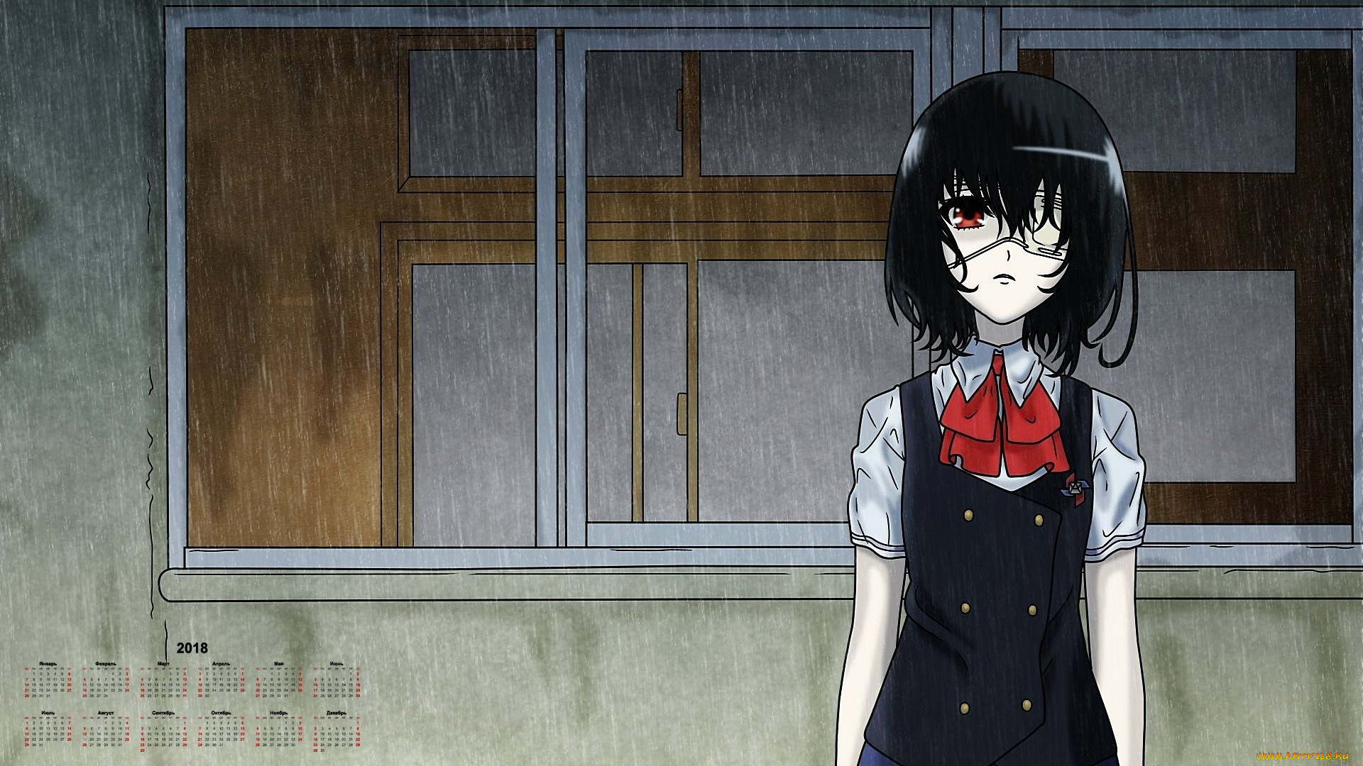 календари, аниме, 2018, окно, дождь, взгляд, девушка
