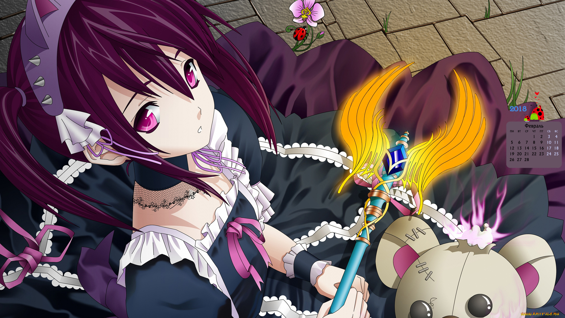 календари, аниме, цветок, игрушка, взгляд, лицо, 2018, девушка