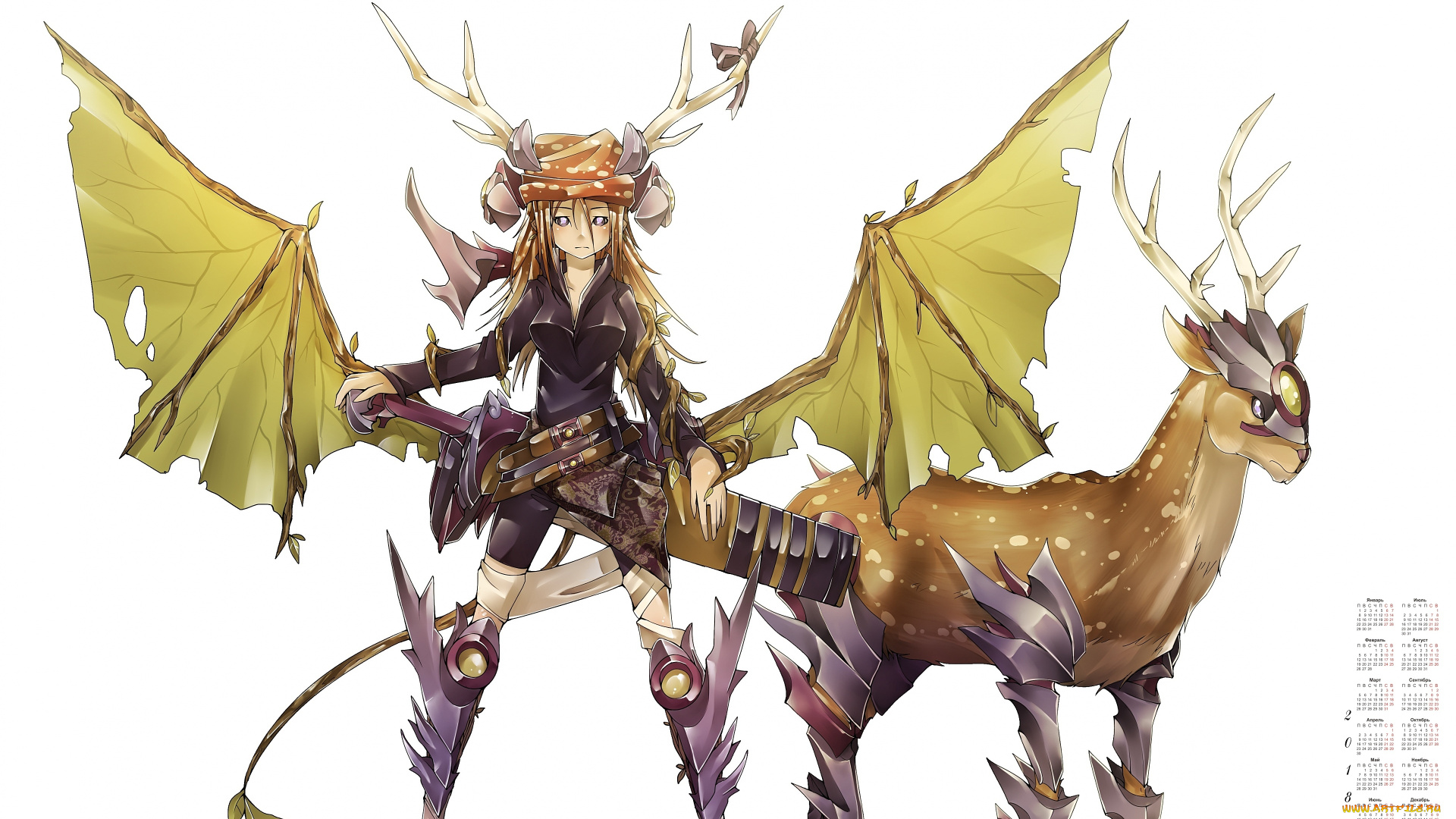 календари, аниме, крылья, животное, 2018, взгляд, девушка