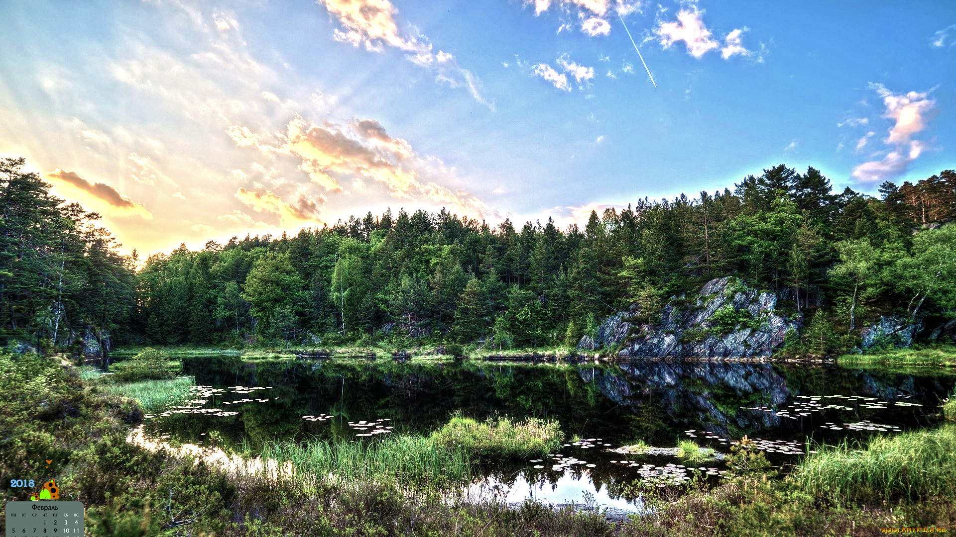 календари, природа, 2018, водоем, облака, деревья