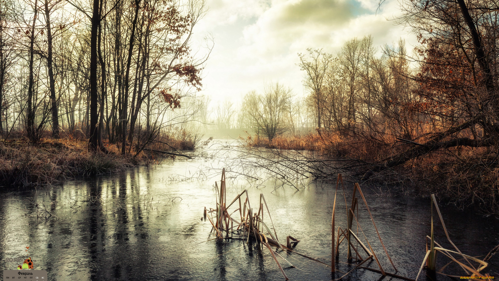 календари, природа, деревья, облака, водоем, 2018