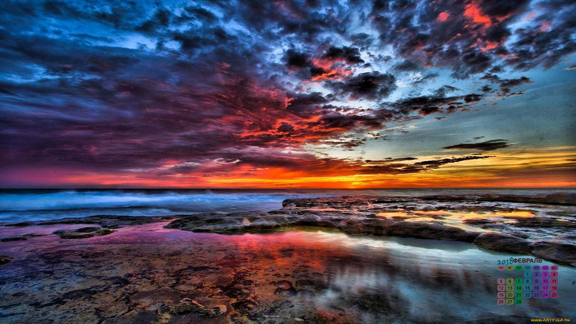 календари, природа, водоем, 2018, облака, закат, камни