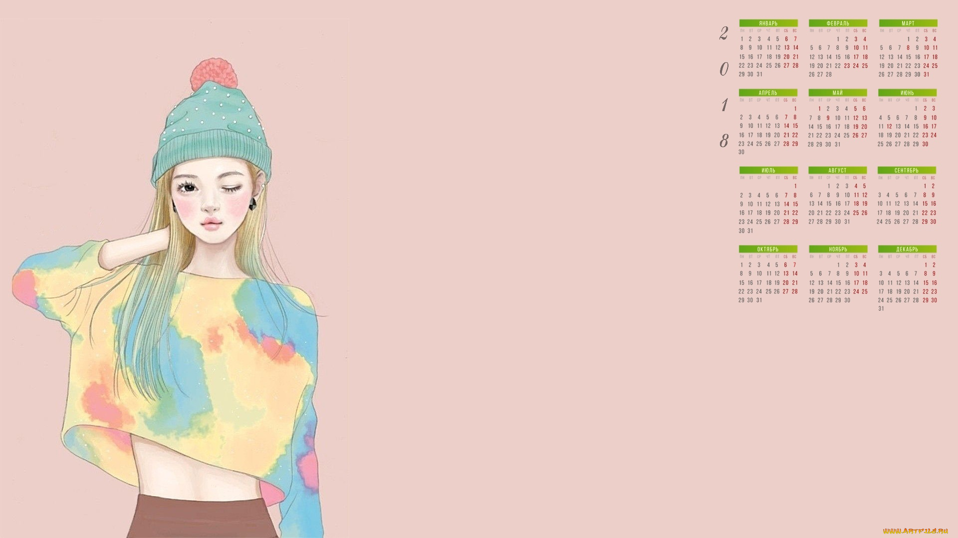 календари, рисованные, , векторная, графика, шапка, взгляд, 2018, девушка