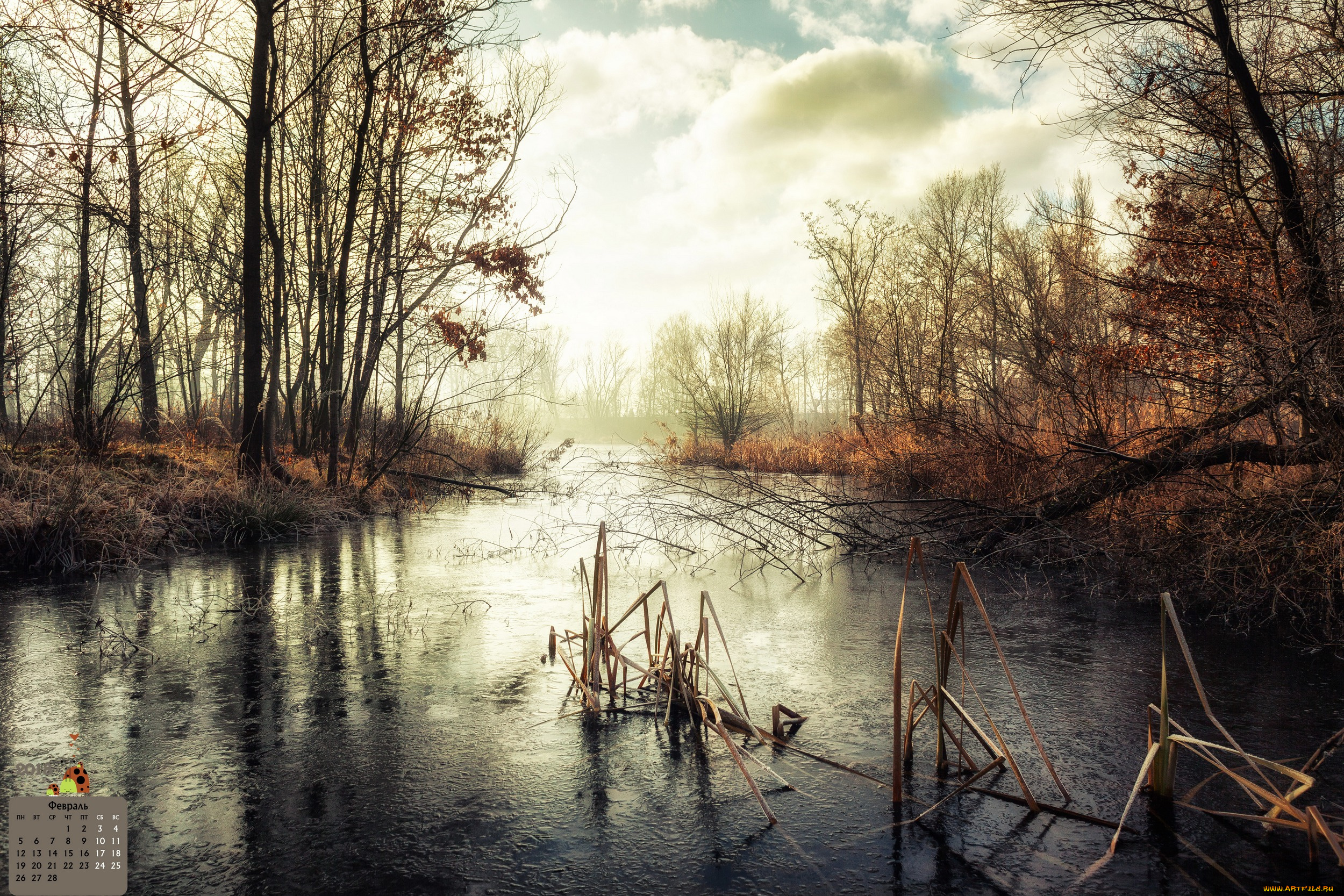 календари, природа, деревья, облака, водоем, 2018