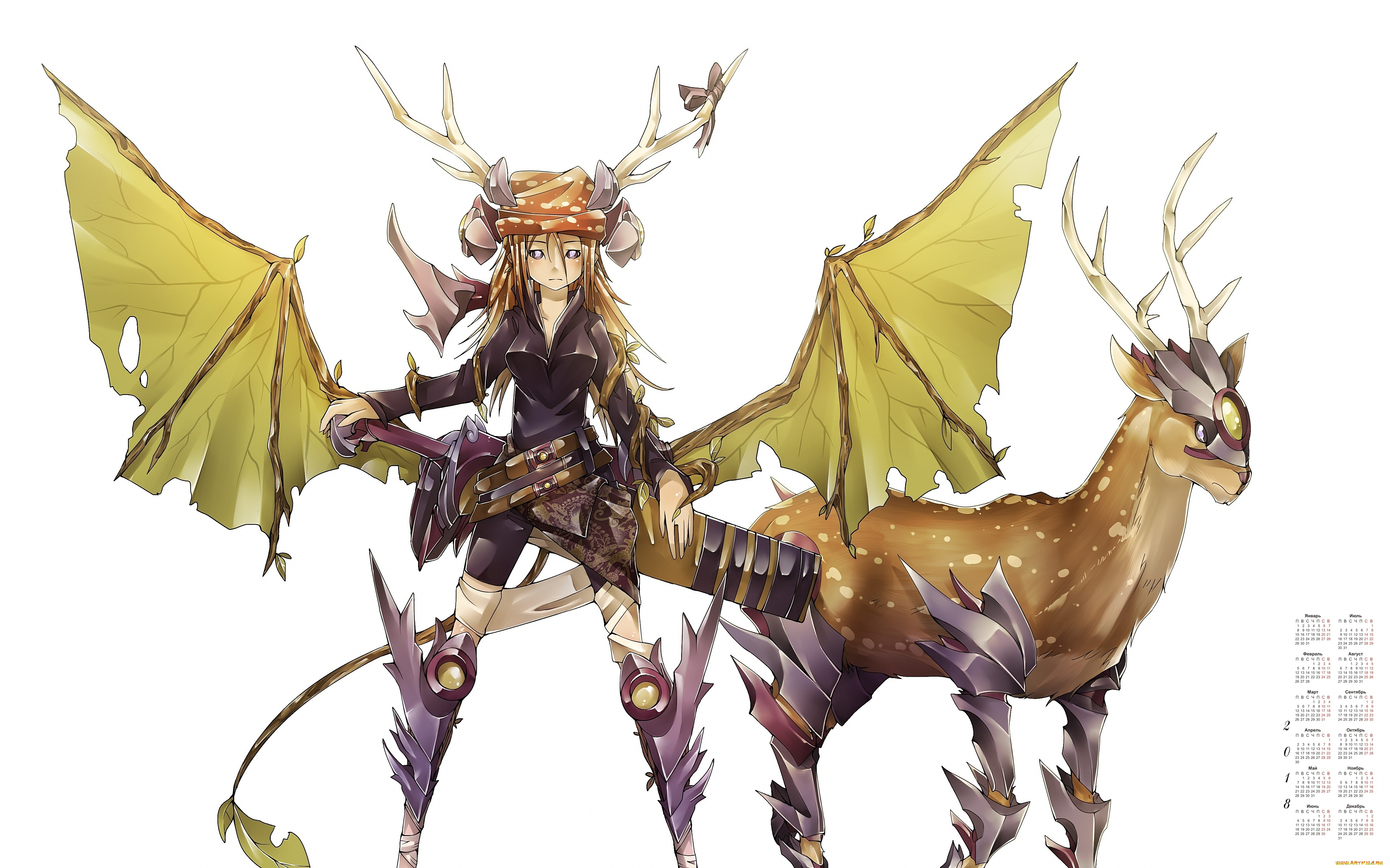 календари, аниме, крылья, животное, 2018, взгляд, девушка