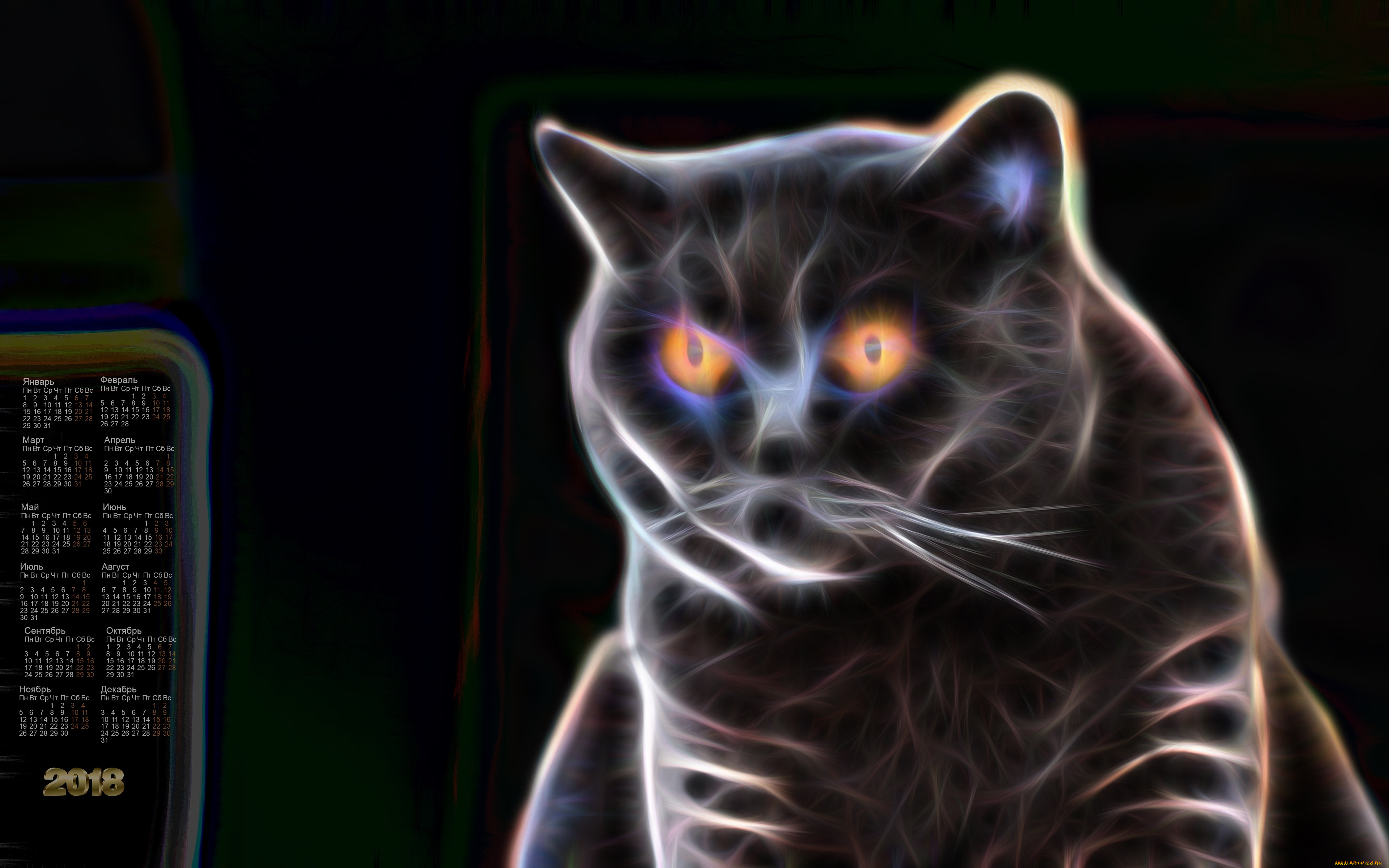 календари, компьютерный, дизайн, взгляд, кошка, 2018