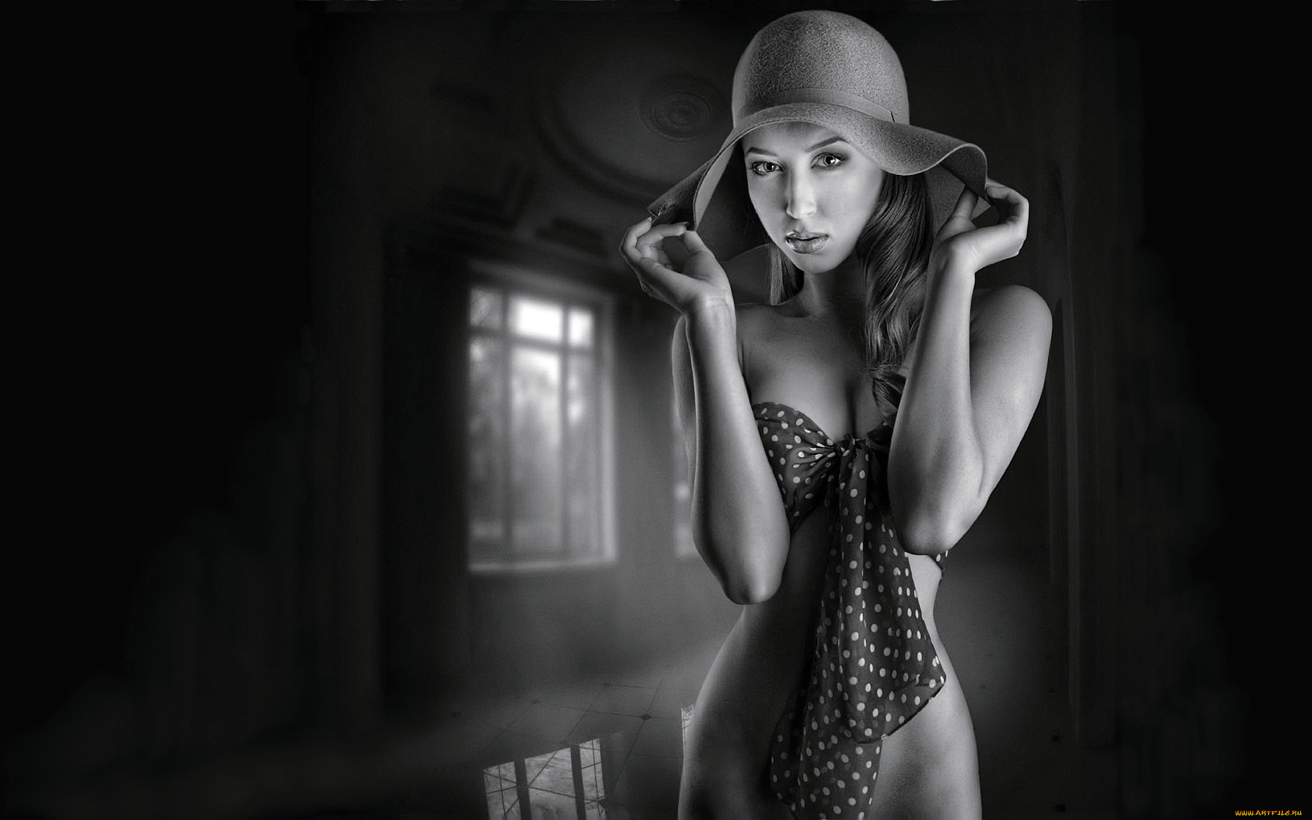 девушки, -unsort, , Черно-белые, обои, шарфик, шляпа, черно-белое