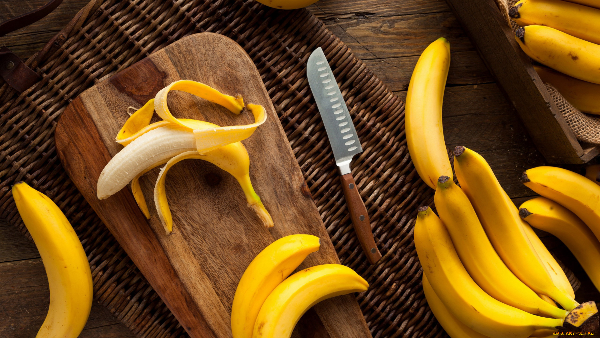 еда, бананы, доска, нож