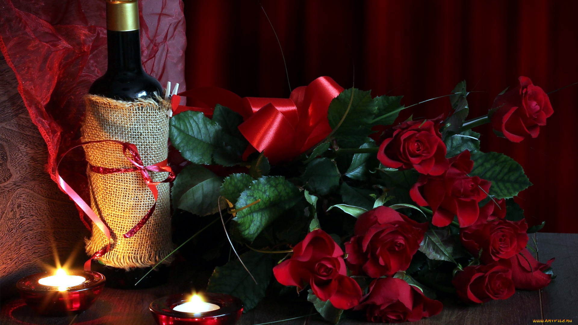 еда, напитки, , вино, бант, свечи, розы, вино, бутылка