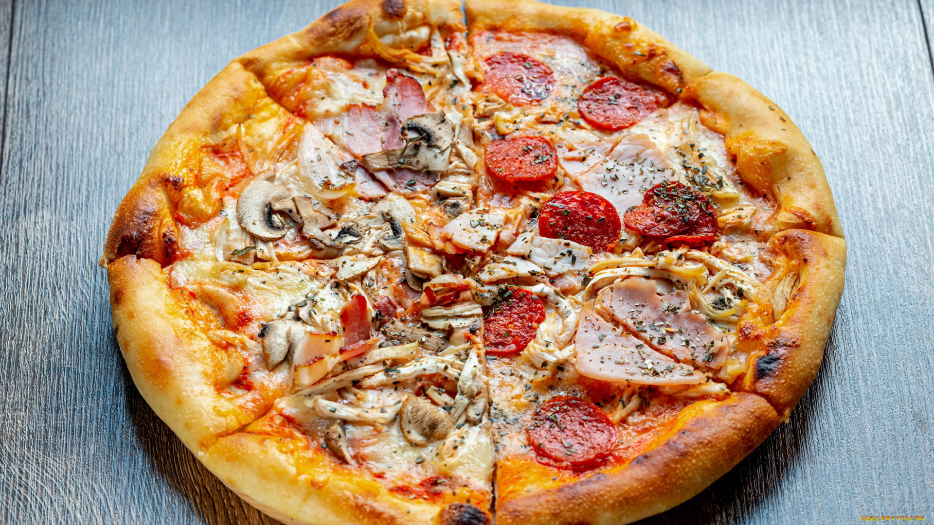 еда, пицца, колбаса, шампиньоны