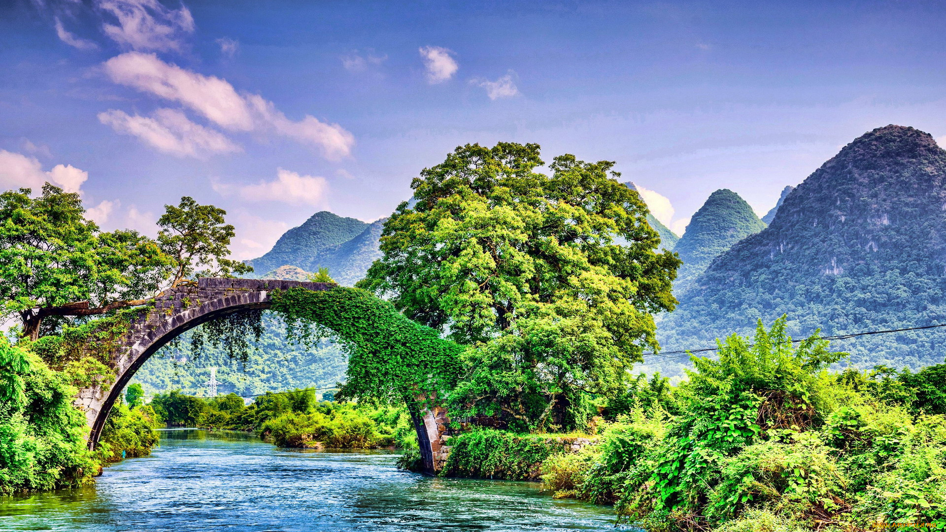 города, -, мосты, горы, река, мост