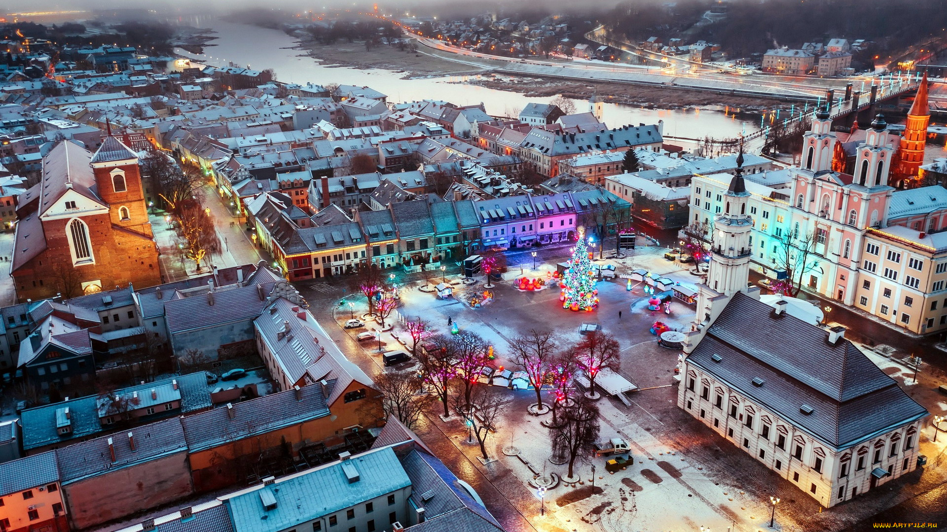 kaunas, lithuania, города, каунас, , литва, вид, сверху, площадь, река, новый, год, ель