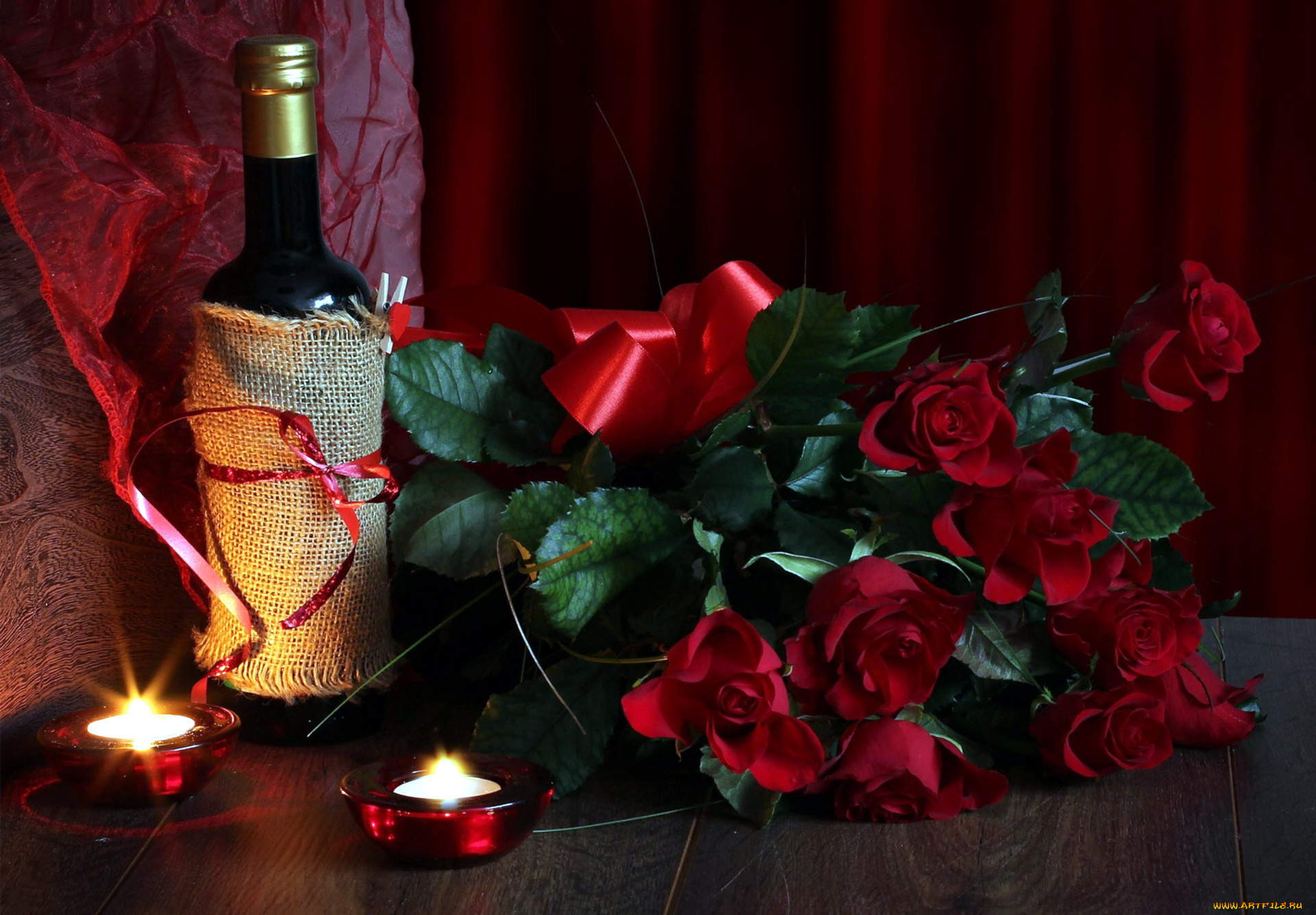 еда, напитки, , вино, бант, свечи, розы, вино, бутылка