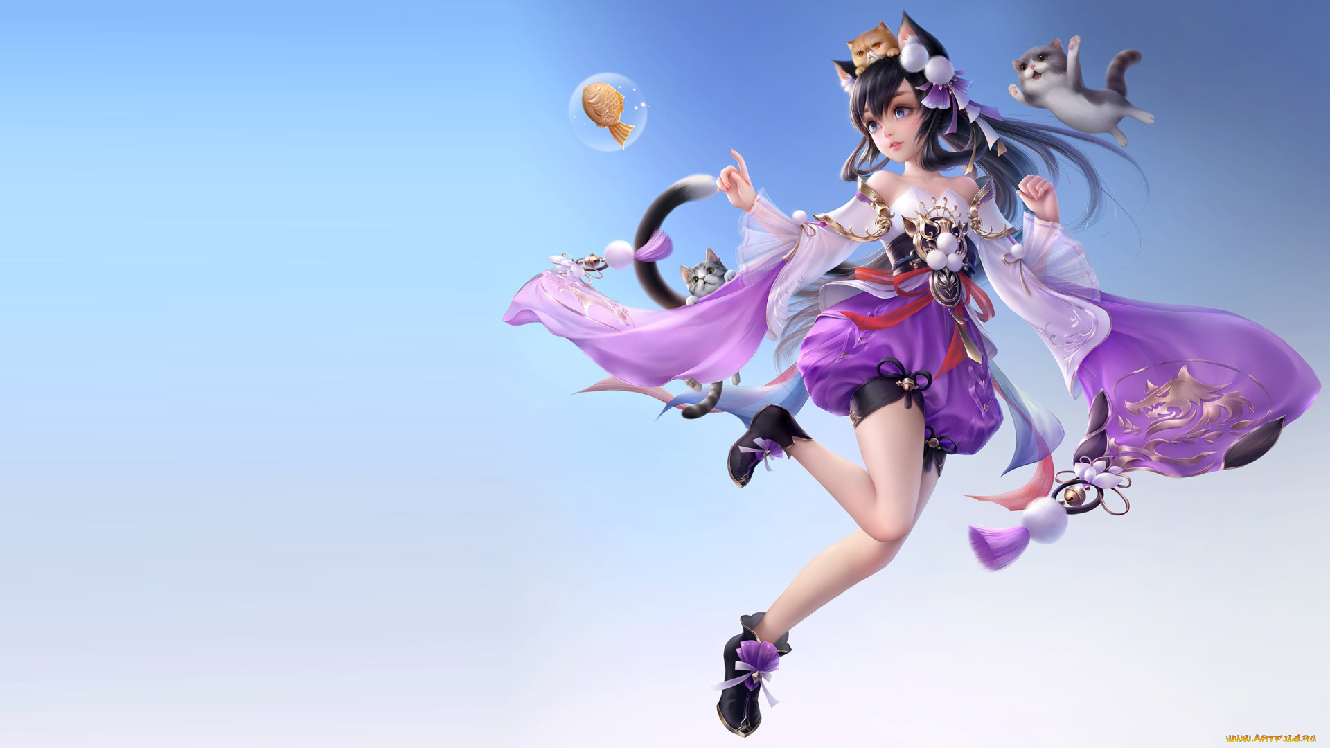 фэнтези, существа, девочка, котята