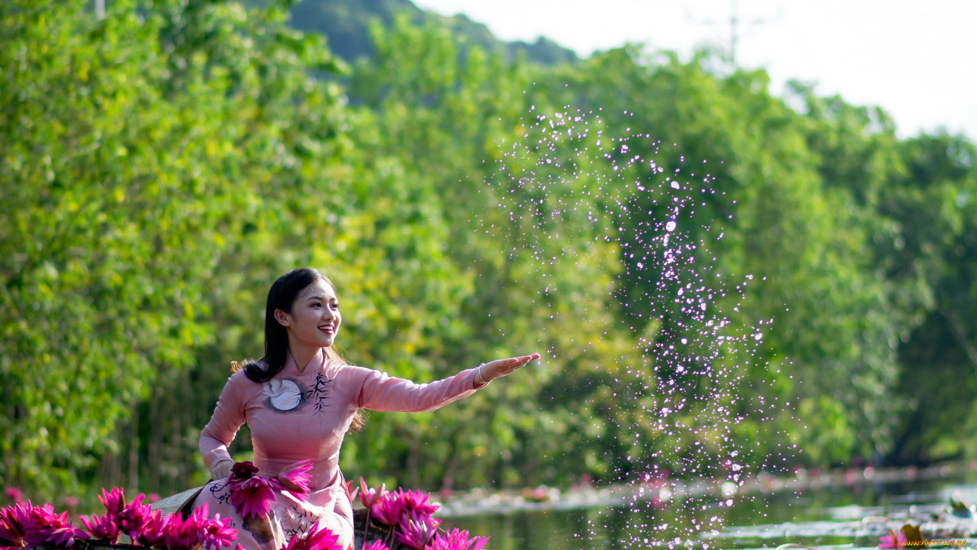 девушки, -, азиатки, река, вода, азиатка, лотосы, цветы