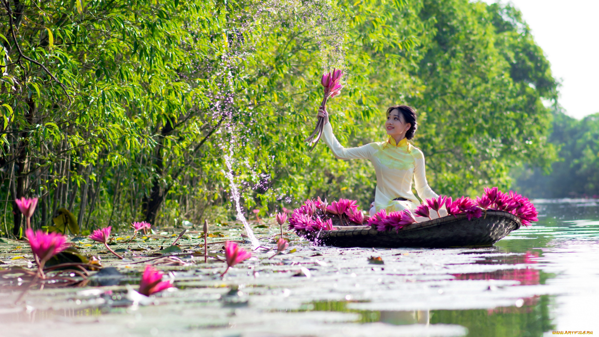 девушки, -, азиатки, река, вода, азиатка, лотосы, цветы