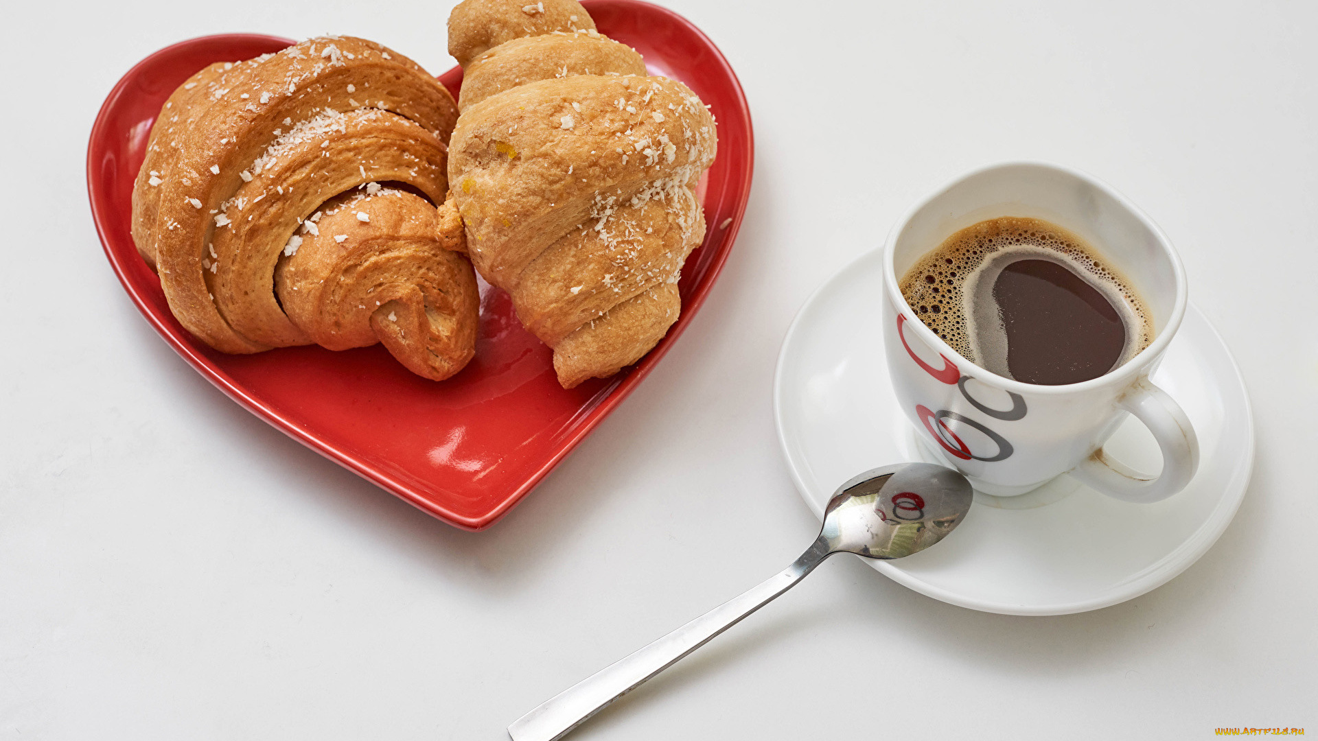 еда, кофе, , кофейные, зёрна, круассаны, завтрак