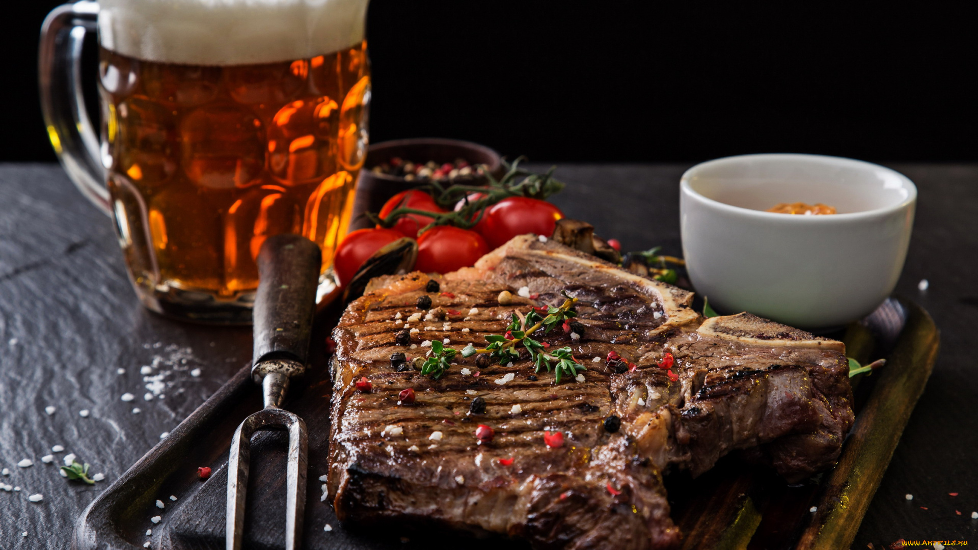 еда, мясные, блюда, пиво, мясо, помидоры