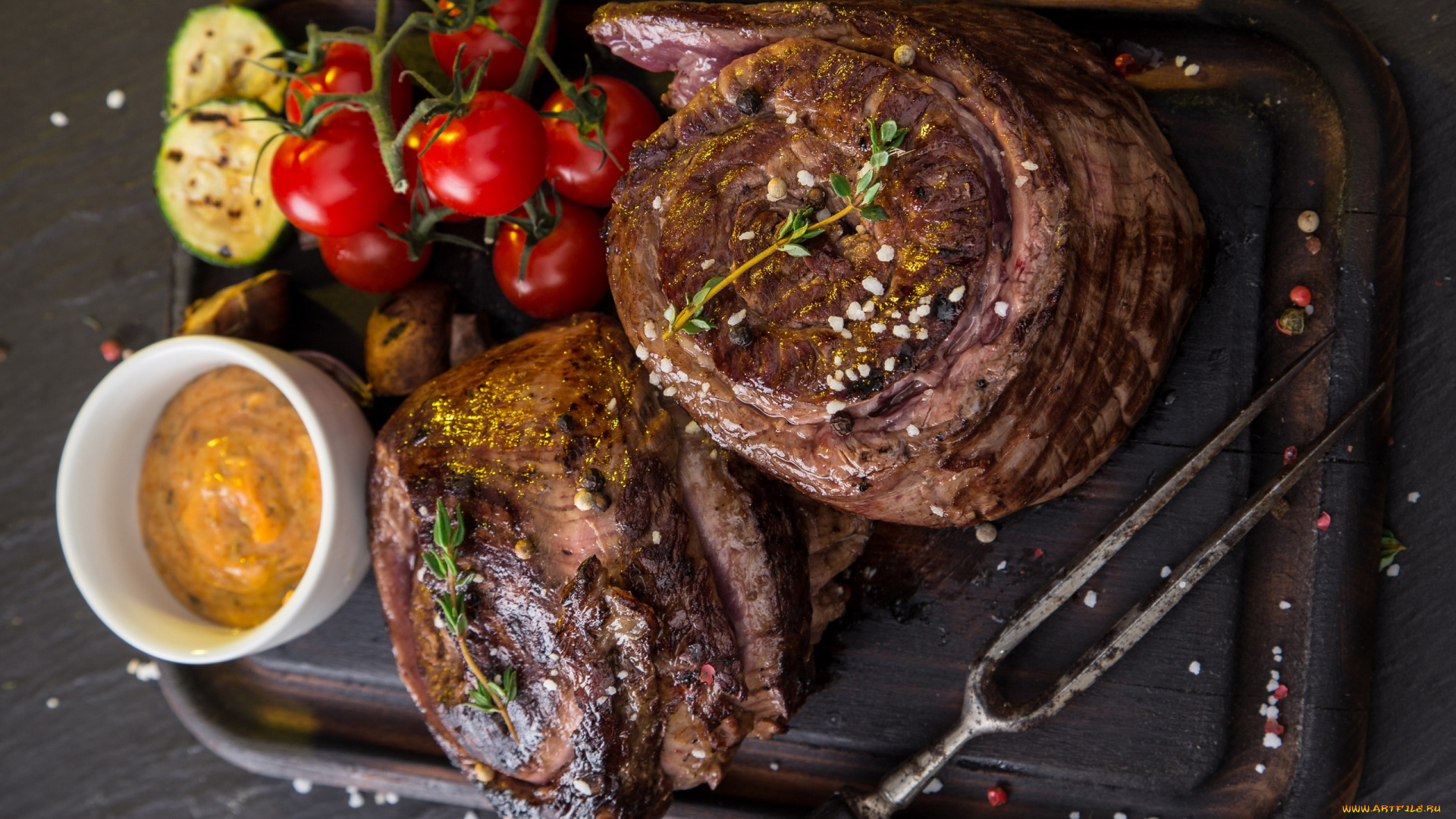 еда, мясные, блюда, соус, помидоры, мясо, розмарин