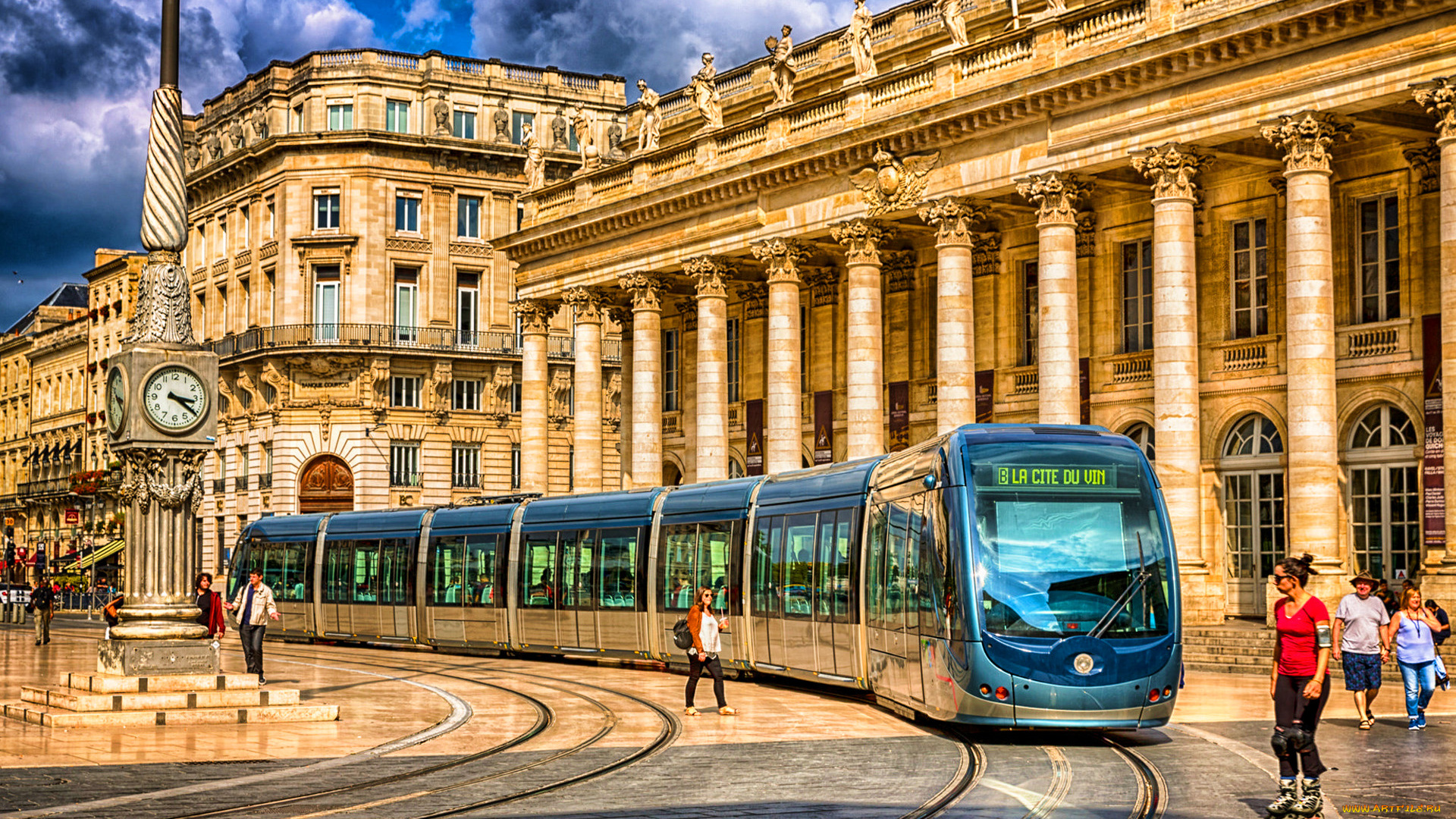 города, -, улицы, , площади, , набережные, бордо, hdr, площадь, лето, город, часы, трамвай, франция, европа