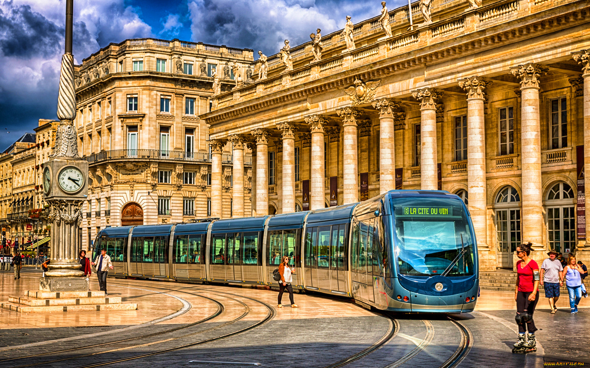 города, -, улицы, , площади, , набережные, бордо, hdr, площадь, лето, город, часы, трамвай, франция, европа