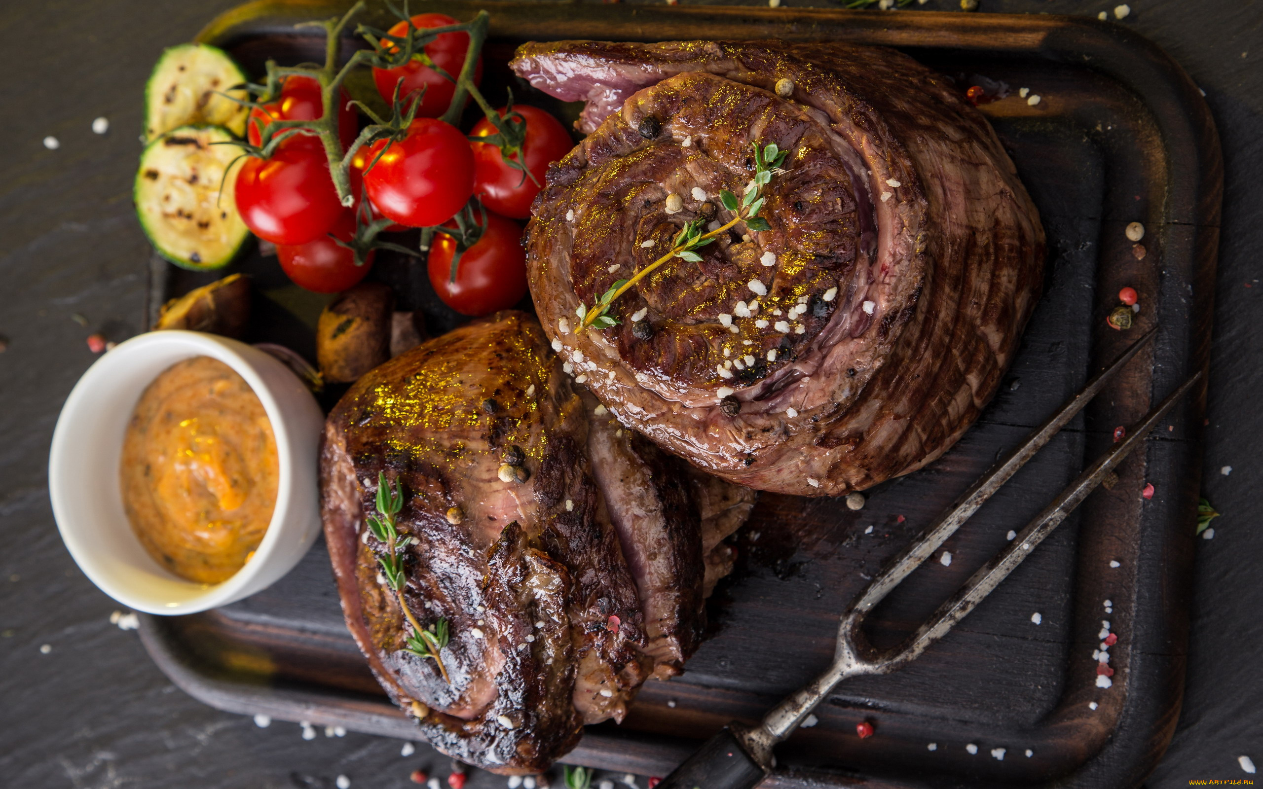 еда, мясные, блюда, соус, помидоры, мясо, розмарин