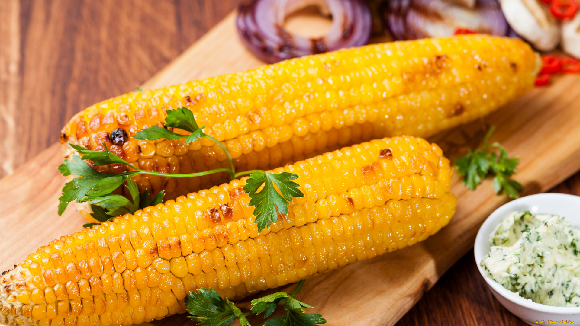 еда, кукуруза, петрушка, початки, соус