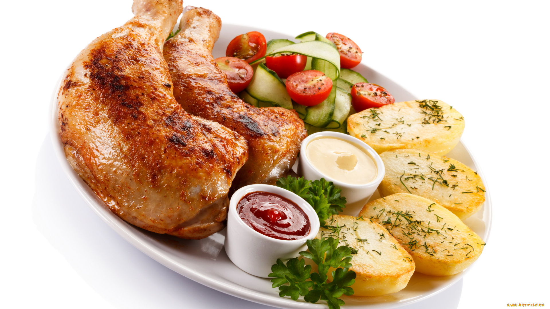 еда, мясные, блюда, картофель, куриные, ножки, кетчуп, соус, овощи