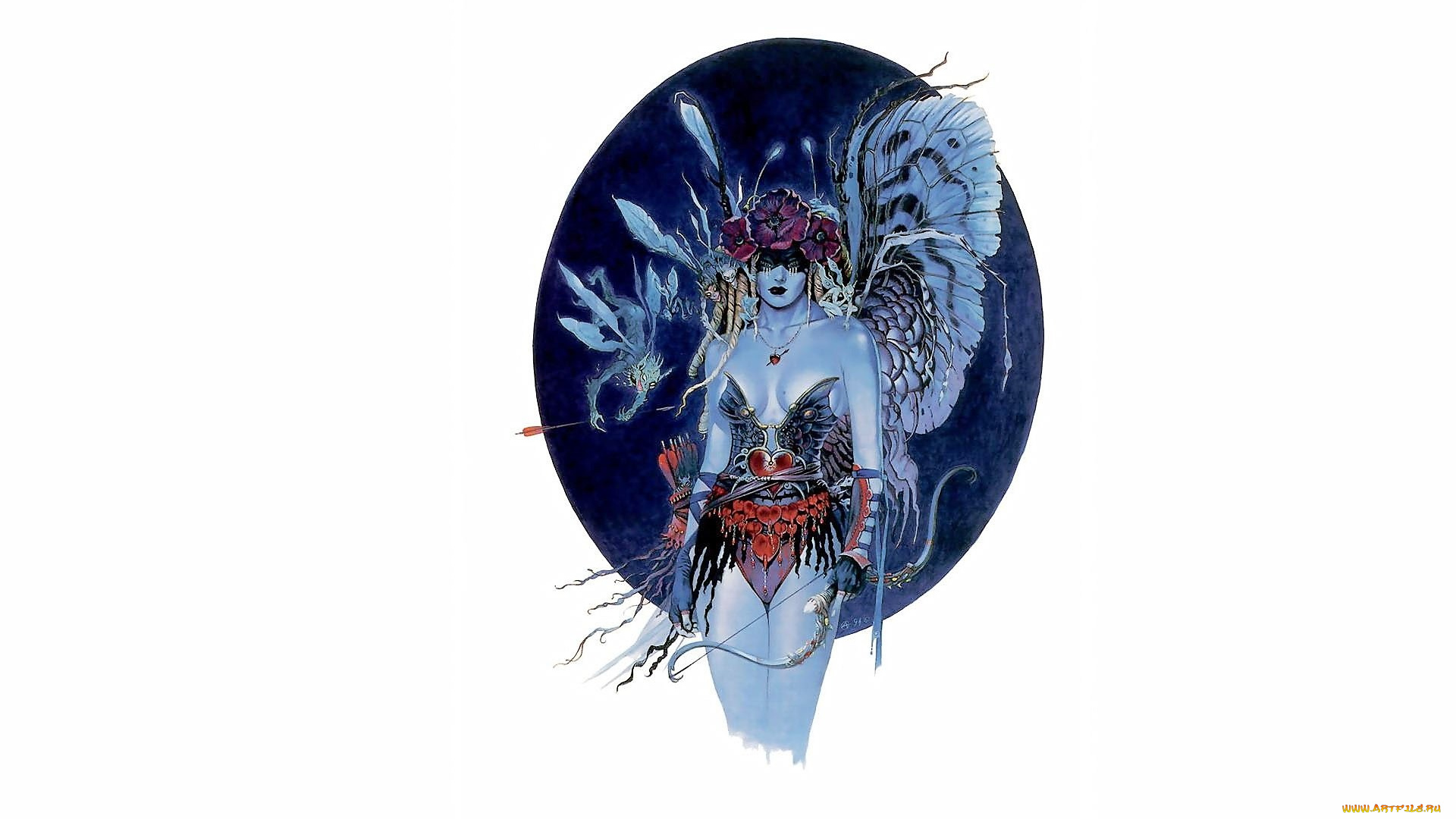 рисованное, chris, achilleos, девушка, крылья, лук