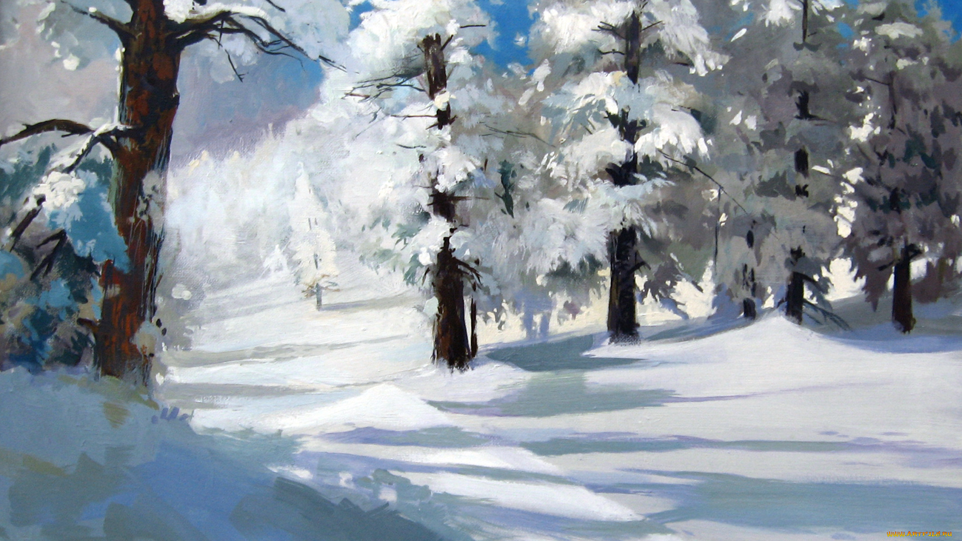 рисованное, природа, лес, зима, снег