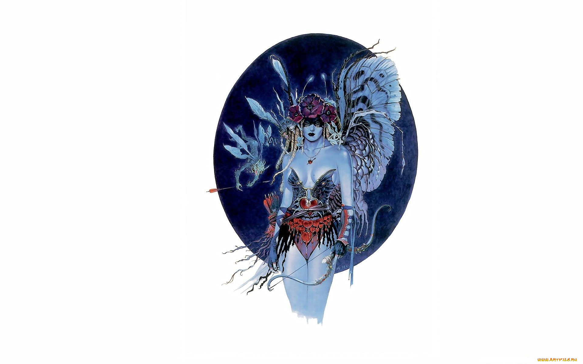 рисованное, chris, achilleos, девушка, крылья, лук