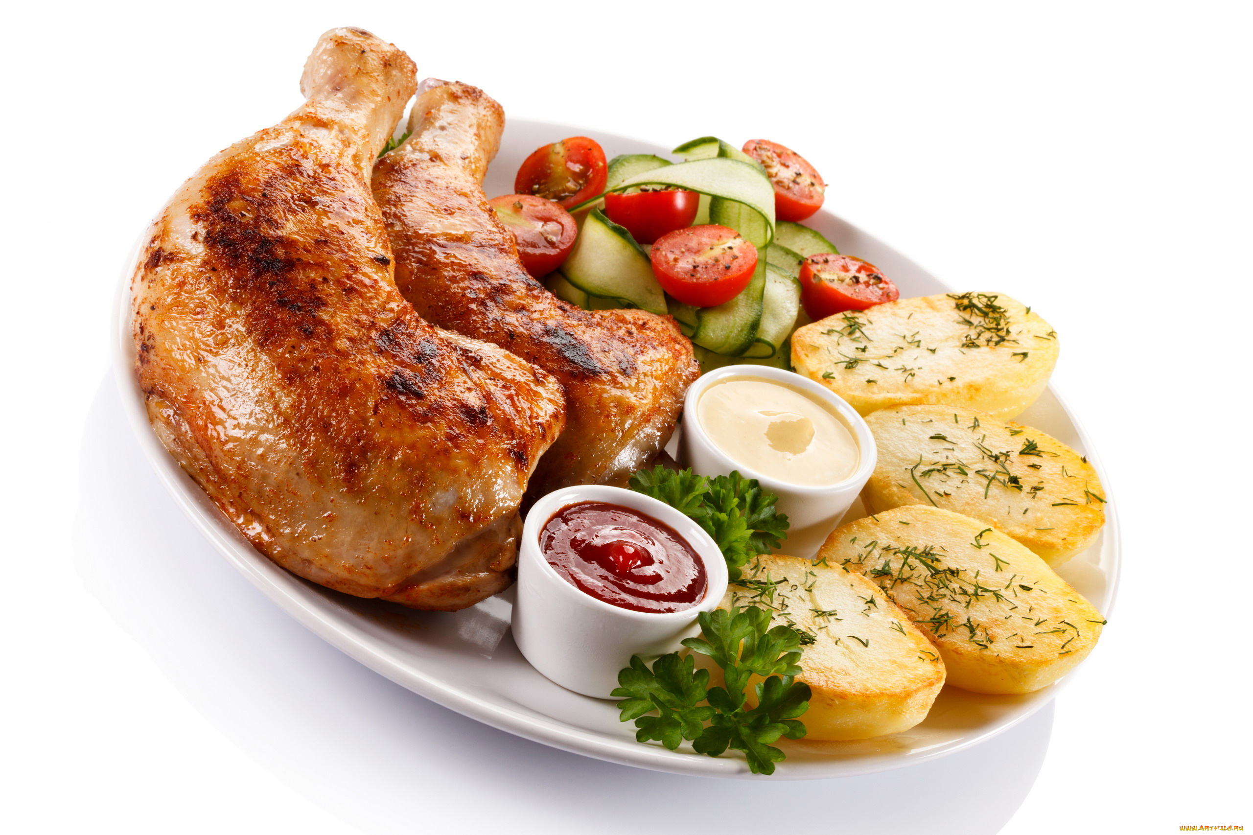 еда, мясные, блюда, картофель, куриные, ножки, кетчуп, соус, овощи