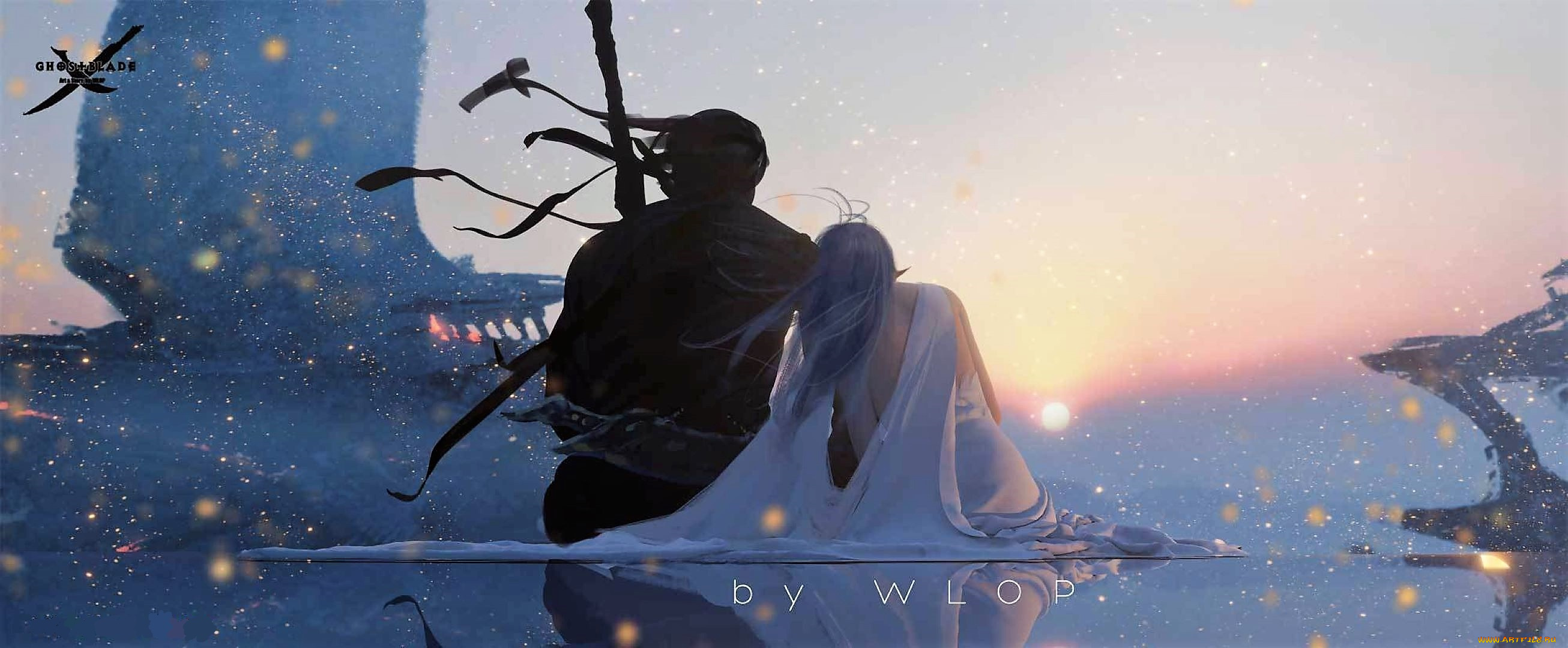 фэнтези, _ghost, blade, , , призрачный, клинок, воин, эльфийка, светлячки, рассвет