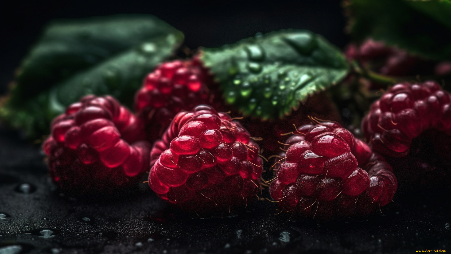 3д, графика, другое, , other, листья, капли, макро, ягоды, малина, черный, фон, ии-арт, нейросеть