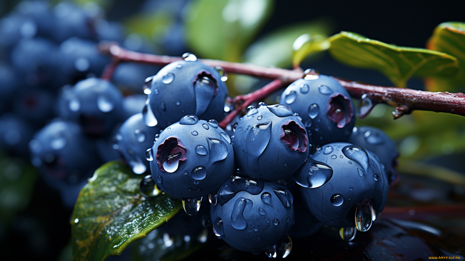 3д, графика, другое, , other, листья, вода, капли, ягоды, влага, ветка, черника, голубика