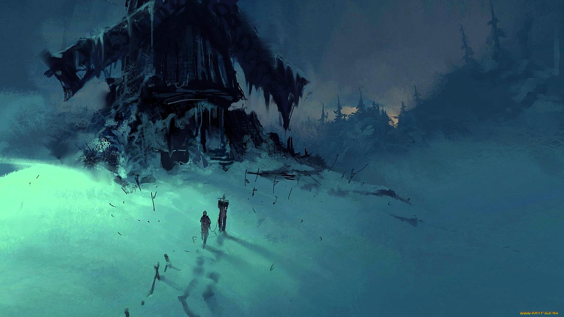 фэнтези, люди, мельница, снег, лес, зима