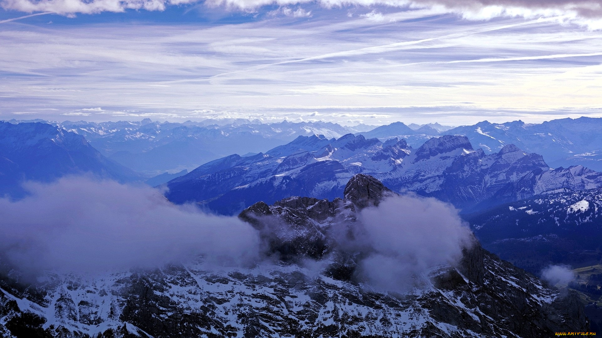 природа, горы, скалы, снег, небо, облака