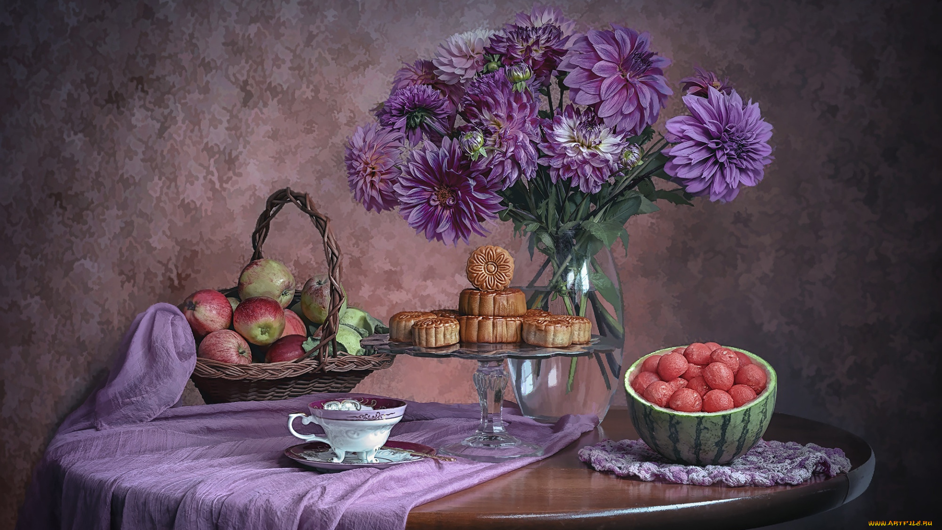 разное, компьютерный, дизайн, стекло, цветы, стол, круглый, яблоки, букет, арбуз, печенье