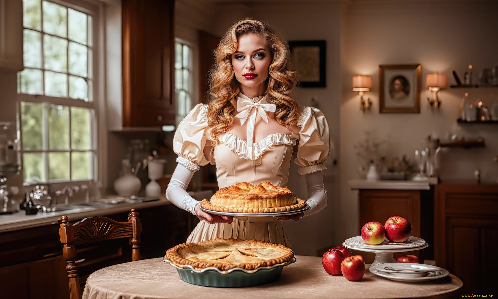 3д, графика, люди, , people, девушка, платье, выпечка, пирог