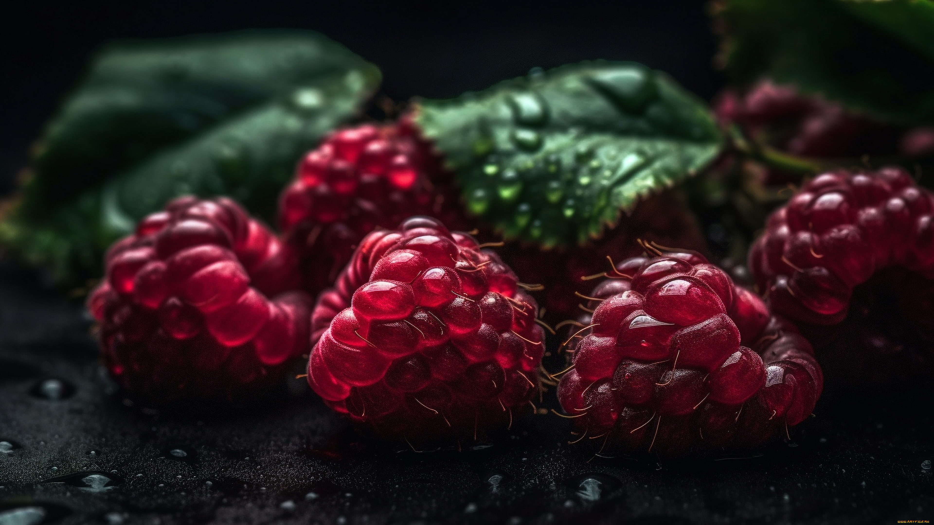 3д, графика, другое, , other, листья, капли, макро, ягоды, малина, черный, фон, ии-арт, нейросеть