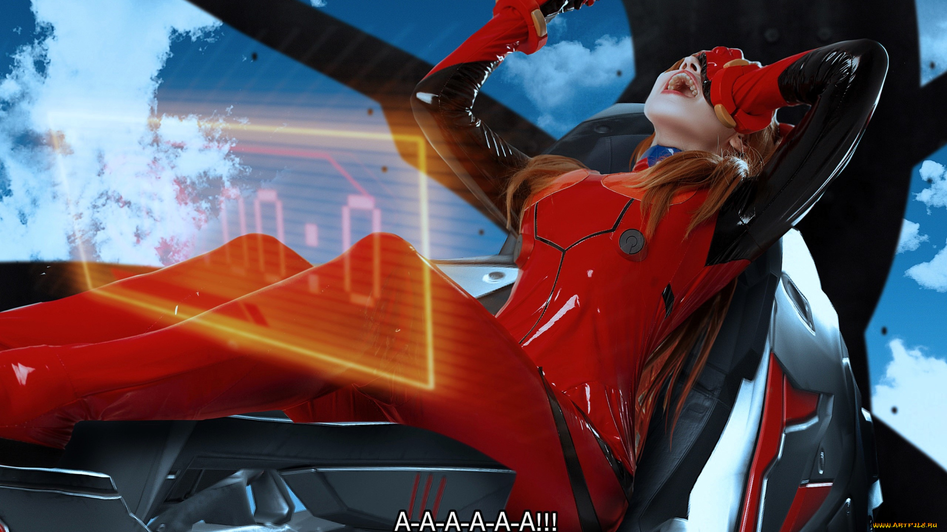 девушки, -, креатив, , косплей, образ, костюм, косплей, рыжая, кресло, табло, боль