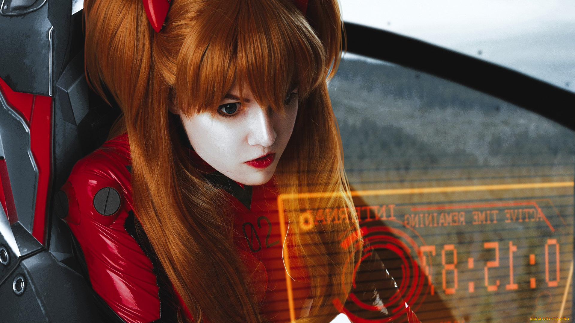 девушки, -, креатив, , косплей, образ, костюм, косплей, рыжая, кресло, табло