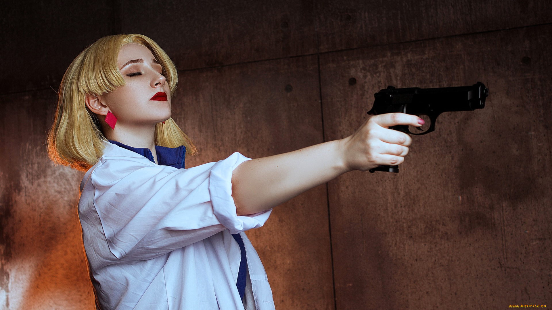 девушки, -, креатив, , косплей, образ, костюм, косплей, блондинка, халат, пистолет