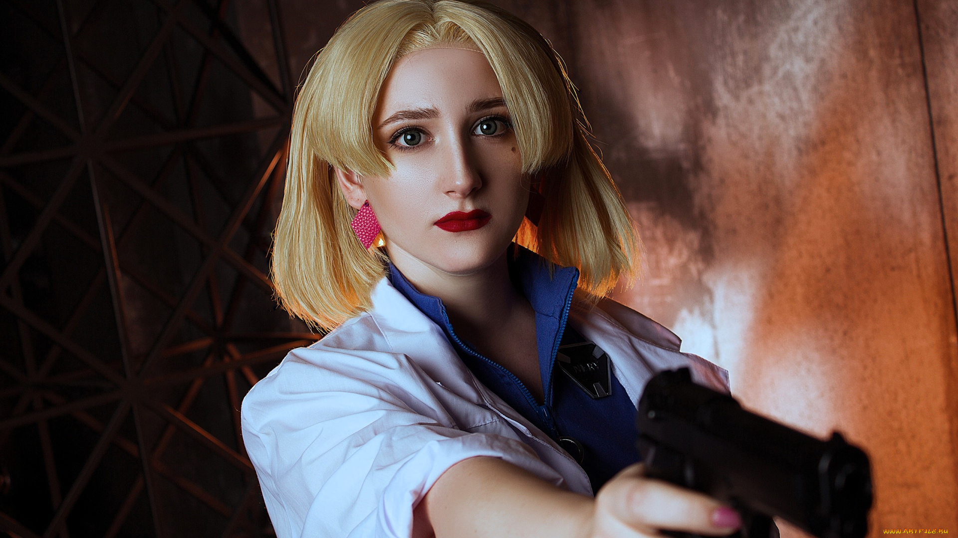 девушки, -, креатив, , косплей, образ, костюм, косплей, блондинка, халат, пистолет