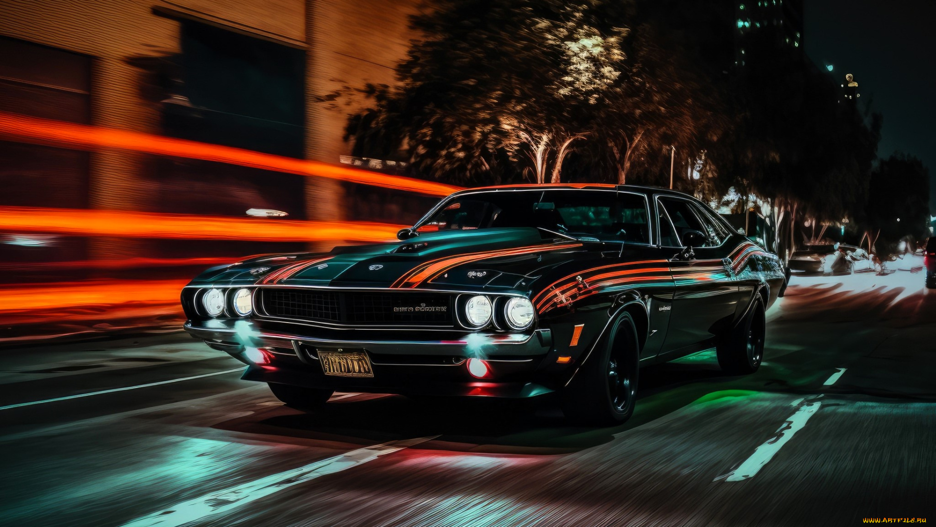 dodge, challenger, автомобили, 3д, черный, скорость, дорога, деревья, здания