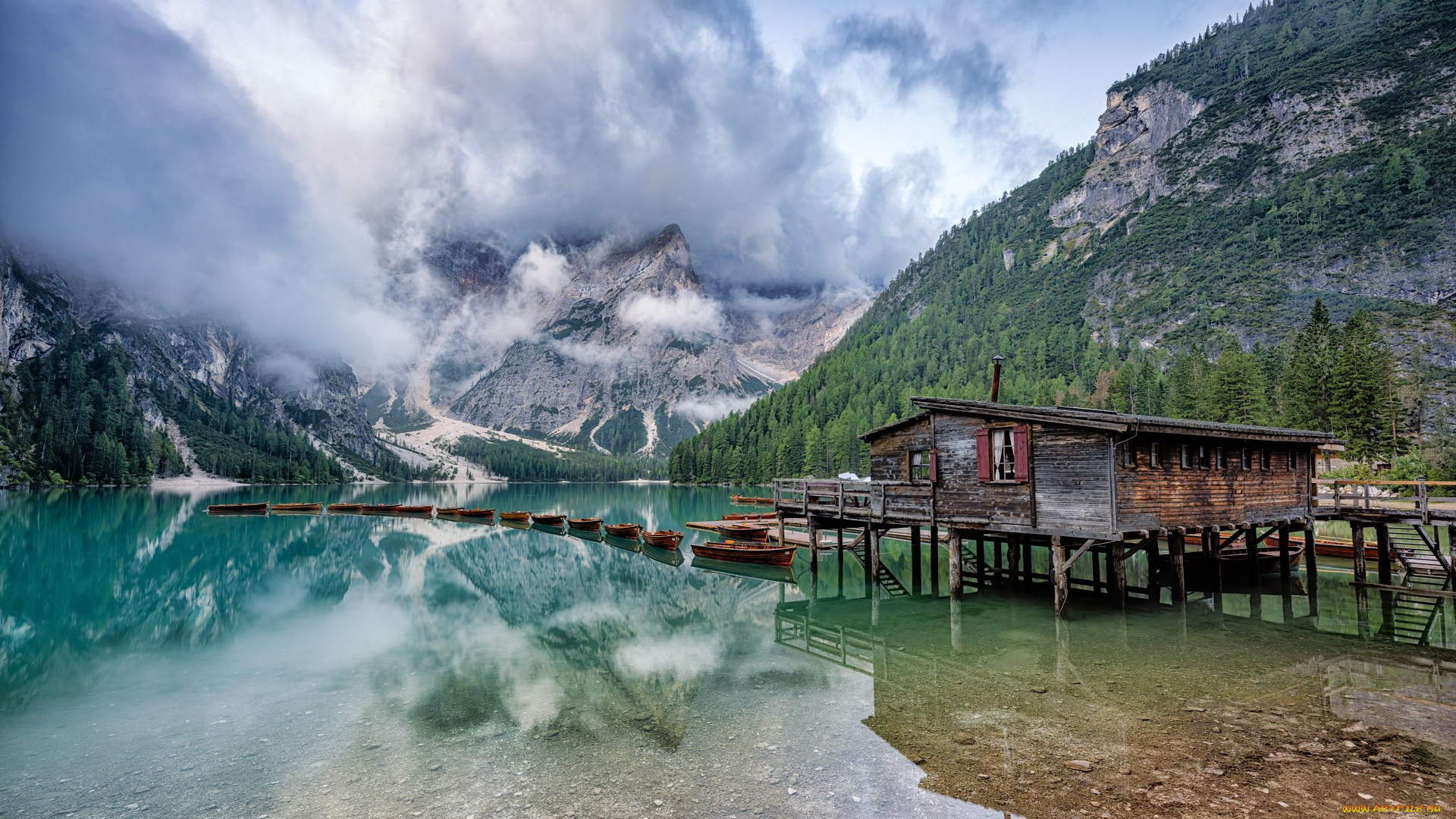 корабли, лодки, , шлюпки, горы, озеро, туман