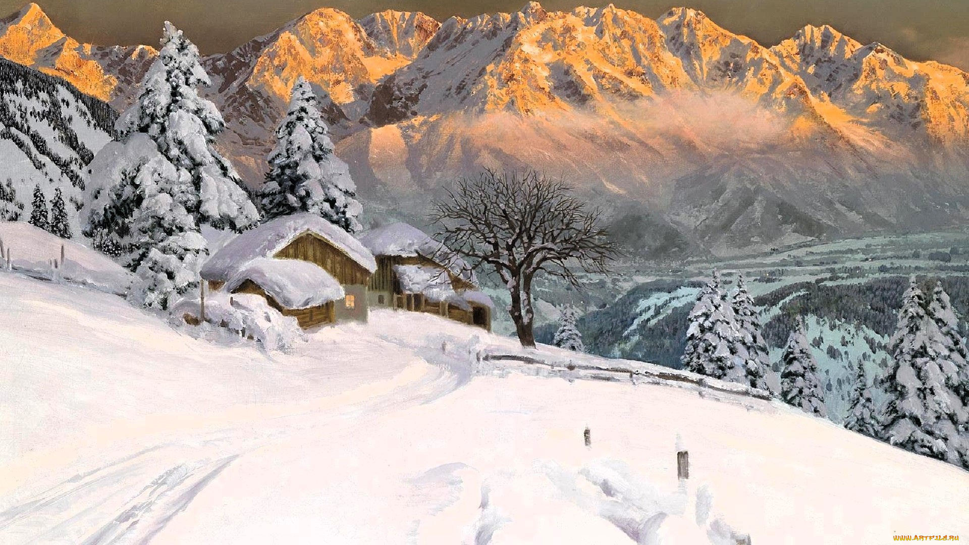 рисованное, alois, arnegger, горы, снег, зима, деревья, лес, дома, след